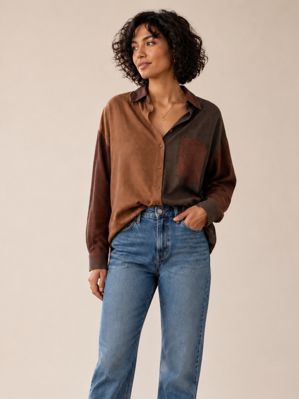 BNWT Blu Pepper Women’s Colorblock Gingham Button Down Shirt Small – Brown/Rust